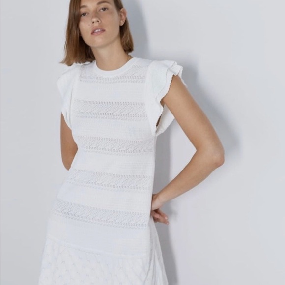 Zara Pointelle white embroidered ruffle dress Medium - Picture 1 of 11
